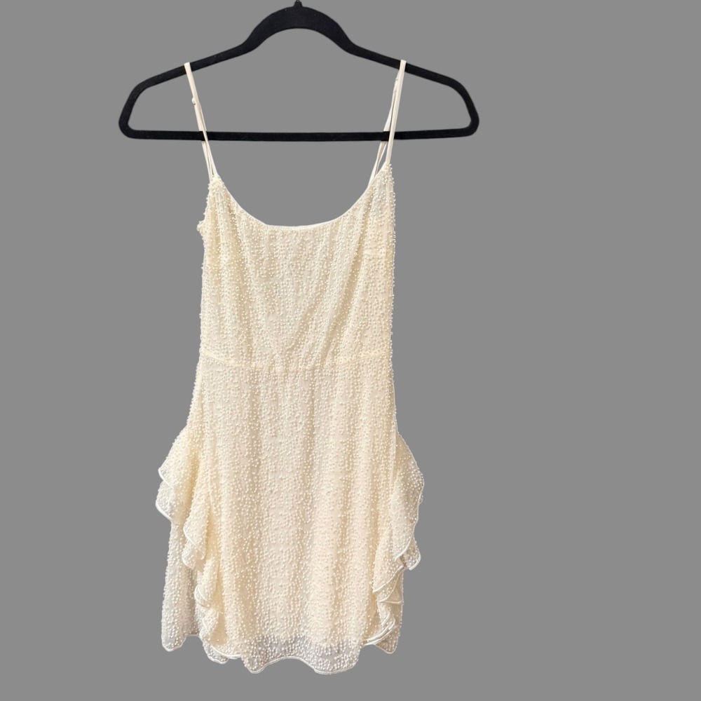 Oh Polly Domblans Embellished Frill Mini Dress Ivory White Beaded Bridal Sz US 2